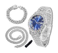 richhut Orologio di Lusso con Diamanti per Bambini - Iced Out Bling Placcato in Platino - Quadrante Tondo Blu 42mm Cinturino 20cm - Strumento di Regolazione Incluso - con Catene Cubane 18cm & 40cm