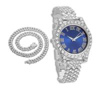 richhut Orologio di Lusso con Diamanti per Bambini - Iced Out Bling Placcato in Platino - Quadrante Tondo Blu 37mm Cinturino 20cm - Scatola Regalo Incluso - con Catena Cubana 40cm