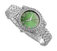 richhut Orologio di Lusso con Diamanti per Bambini - Iced Out Bling Placcato in Platino - Quadrante Tondo Verde 37mm Cinturino 20cm - Scatola Regalo Incluso
