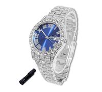 richhut Orologio di Lusso con Diamanti per Bambini - Iced Out Bling Placcato in Platino - Quadrante Tondo Blu 42mm Cinturino 20cm - Strumento di Regolazione Incluso