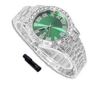 richhut Orologio di Lusso con Diamanti per Bambini - Iced Out Bling Placcato in Platino - Quadrante Tondo Verde 42mm Cinturino 20cm - Strumento di Regolazione Incluso