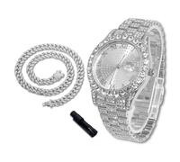 richhut Orologio di Lusso con Diamanti per Bambini - Iced Out Bling Placcato in Platino - Quadrante Tondo 43mm Cinturino 20,5cm - Strumento di Regolazione Incluso - con Catena Cubana 40cm