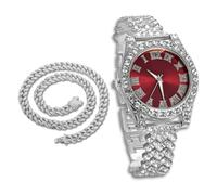 richhut Orologio di Lusso con Diamanti per Bambini - Iced Out Bling Placcato in Platino - Quadrante Tondo Rosso 37mm Cinturino 20cm - Scatola Regalo Incluso - con Catena Cubana 40cm