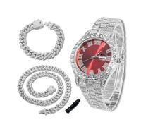 richhut Orologio di Lusso con Diamanti per Bambini - Iced Out Bling Placcato in Platino - Quadrante Tondo Rosso 42mm Cinturino 20cm - Strumento di Regolazione Incluso - con Catene Cubane 18cm & 40cm