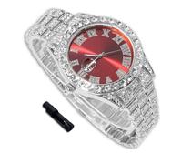richhut Orologio di Lusso con Diamanti per Bambini - Iced Out Bling Placcato in Platino - Quadrante Tondo Rosso 42mm Cinturino 20cm - Strumento di Regolazione Incluso