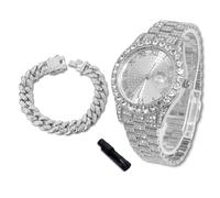 richhut Orologio di Lusso con Diamanti per Bambini - Iced Out Bling Placcato in Platino - Quadrante Tondo 43mm Cinturino 20,5cm - Strumento di Regolazione Incluso - con Catena Cubana 18cm