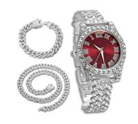 richhut Orologio di Lusso con Diamanti per Bambini - Iced Out Bling Placcato in Platino - Quadrante Tondo Rosso 37mm Cinturino 20cm - Scatola Regalo Incluso - con Catene Cubane 18cm & 40cm