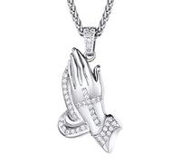Richsteel Ice Out The Hand of Prayer - Collana con ciondolo a forma di croce con catena di grano, placcata in platino/oro, con zirconia cubica e placcato Platino