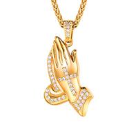 Richsteel Ice out The Hand of Prayer - Collana con Ciondolo a Forma di Croce con Catena di Grano, placcata in Platino/Oro, con Zirconia cubica e 18ct Base Metallo Placcato Oro