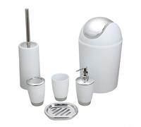 RichVibe Set di organizer da bagno in plastica, set da bagno moderno da 6 pezzi, con portaspazzolino, tazza, dispenser di sapone, portascopino per WC (bianco)