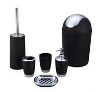 RichVibe Set organizer da bagno in plastica, set da bagno moderno, 6 pezzi, con portaspazzolino, tazza, dispenser di sapone, portascopino per WC (nero)