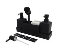 RichVibe Set organizer per lavello da cucina con 2 dispenser di sapone da 350 ml, spazzola per la pulizia e spugne in plastica ABS con vassoio antigoccia, per uso domestico, ristorante o bar (bianco)
