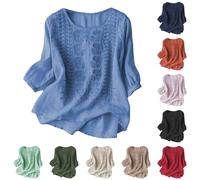 Richymfa Blusa Estiva Donna in Lino Curvy, Camicetta Manica Lunga Bianca Camicia Girocollo Loose Camicette Ricamo Casual Shirt in Lino Basic per L'Estate, Vacanza Ufficio