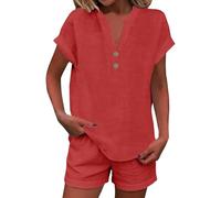 Richymfa Completo Cotone e Lino Donna Corto Estivo Casual Set di Due Pezzi Camicia Manica Corta Elegante Completi di Pantaloncini Tinta Unita Tute Taglie Forti Completa da Spiaggia Vacanza Comodo