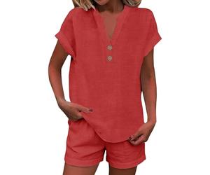 Richymfa Completo Cotone e Lino Donna Corto Estivo Casual Set di Due Pezzi Camicia Manica Corta Elegante Completi di Pantaloncini Tinta Unita Tute Taglie Forti Completa da Spiaggia Vacanza Comodo