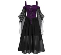 Richymfa Vestito Halloween Donna Gotico Curvy, Abito Gotico Vittoriano Donna con Lacci Slim Fit Vestito Cerimonia Maniche a Tromba In Pizzo Abito da Sera Costumi Medioevo Vittoriana per Carnevale