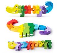 RICNEV® Montessori Puzzle in legno a partire dai 18 mesi, per imparare i numeri e i colori, set da 3 puzzle in legno: coccodrillo, dinosauro e bruco da 25 cm, pezzi extra spessi da 1,5 cm, giocattolo