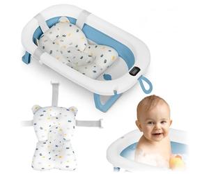 Ricokids Bagnetto Neonato Pieghevole con Termometro e Cuscino - Leggera e Antiscivolo - Bianco-Blu