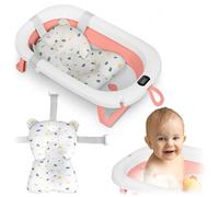 Ricokids Bagnetto Neonato Pieghevole con Termometro e Cuscino - Leggera e Antiscivolo - Bianco-Rosa