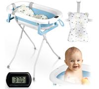 Ricokids Vasca da bagno per bambini con struttura termometro e cuscino da bagno, pieghevole, leggera, antiscivolo, colore: bianco e blu