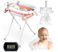 Ricokids Vasca da bagno per neonato con struttura termometro e cuscino da bagno, pieghevole, leggera, antiscivolo, colore: bianco e rosa