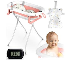 Ricokids Vasca da bagno per neonato con struttura termometro e cuscino da bagno, pieghevole, leggera, antiscivolo, colore: bianco e rosa
