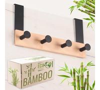 RICOO Appendiabiti da Porta in Bambù e Acciaio, Modello MH029N-4, con 4 Ganci, Montaggio Facile Senza Forare, 25x13x6,6 cm, Design Elegante, Colore naturale, per Casa e Ufficio