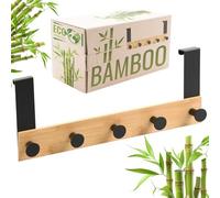 RICOO Appendiabiti da Porta in Bambù e Acciaio, Modello MH029N-5, con 5 Ganci, Montaggio Facile Senza Forare, 32x13x6,6 cm, Design Elegante, Colore naturale, per Casa e Ufficio
