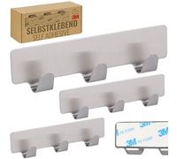 RICOO Ganci Adesivi in Acciaio Inox, Modello MH020-3, Attaccapanni Adesivo per Bagno e Cucina con 3 Ganci, Dimensioni 12 x 3 x 1,7 cm, Stile Moderno, Set di 3, Argento.