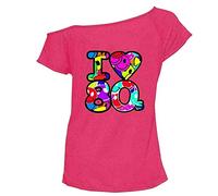 RIDDLED WITH STYLE Maglietta da donna con maniche a cappuccio I Love anni '80 Top Off Spalla Slash Collo Sorriso Viso Camicia da Donna Anni '80 Disco Party Top Basic, Smile Face Rosa, 52-54