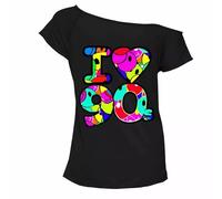 RIDDLED WITH STYLE Maglietta da donna con scritta "I Love The 80", maniche ad aletta e scollo a barra, con scritta "I Love the 90", con scollo a slogan pop star, leggero, taglia 40-58, Stampa nera I