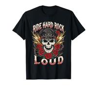 Ride Hard Rock Teschio Loud con Grafica Rose Biker Thunder Maglietta