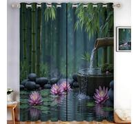 Rideau Occultant Lot De 2, 140 X 225 Cm, Polyester Occultants, Rideaux Occultant Thermique Isolant, Rideaux Phonique À Oeillets, Jardin Zen Bambou Et Lotus, Pour Chambre Et Salon, Vert