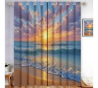 Rideaux Occultants Chambre Coucher Soleil Sur Un Paysage Féerique Plage Vagues Rideau À Oeillets, Salon Et Chambre Décoration Fenêtre 140 X 225 Cm 2 Panneaux Isolant Thermique Et Phonique Rideaux