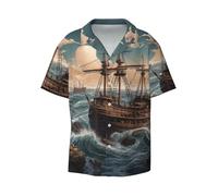 Riding The Waves - Camicia da uomo a maniche corte, casual, con bottoni, per vacanze e spiaggia, Nero, S