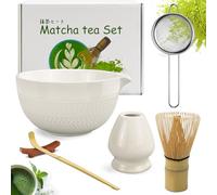 Rierousy Matcha Set di 6 scope Matcha, ciotola con beccuccio, frusta per matcha, cucchiaio per matcha, whisk, set per tè in ceramica Matcha in acciaio inox (bianco)