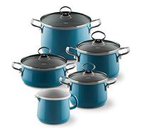 Riess, 0546-010, set economico di 5 pezzi, NOUVELLE - AQUAMARIN EXTRA STRONG, composto da: Pentola per carne con coperchio di vetro 16, 20 e 24 cm, casseruola con coperchio di vetro 20 cm e casseruola 12 cm