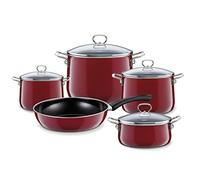 Riess, 0558-008 - Set smaltato, 5 pezzi, NOUVELLE, ROSSO EXTRA FORTE, composto da: pentola per carne con coperchio in vetro 16, 20, 24 cm, casseruola con coperchio in vetro da 20 cm, padella smaltata da 28 cm