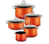 Riess, NOUVELLE CORALL 0546-034 - Set risparmio da 5 pezzi, composto da: pentola per carne con coperchio in vetro da 16, 20 e 24 cm, casseruola con coperchio in vetro da 20 cm e pentola per becco da