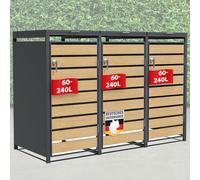 Rifugio della spazzatura con decoro in legno, struttura in acciaio inossidabile, 1-3 porte, contenitore bidone da 60 a 240 l, antracite con decorazione in legno (antracite Johan, 198,5 × 80 × 116 cm