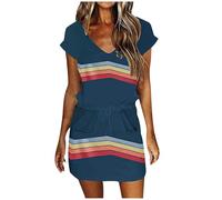 Righe Abito Estivo Donna Vendita, 2025 Moda Scollo a V Vestito Corto Donna Colorblock Abiti con Coulisse Vestiti in Vita Alta Maniche Corte Vestitini Casual Abito da Interni Spiaggia con Tasche