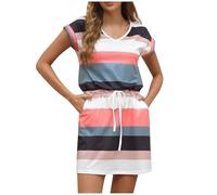 Righe Abito Estivo Donna Vendita, 2025 Moda Scollo a V Vestito Corto Donna Colorblock Abiti con Coulisse Vestiti in Vita Alta Maniche Corte Vestitini Casual Abito da Interni Spiaggia con Tasche