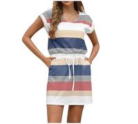 Righe Abito Estivo Donna Vendita, 2025 Moda Scollo a V Vestito Corto Donna Colorblock Abiti con Coulisse Vestiti in Vita Alta Maniche Corte Vestitini Casual Abito da Interni Spiaggia con Tasche
