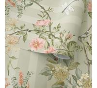 Carta da Parati Floreale Hampton Giardini Righe Foglie Fiori Verde Salvia Holden