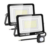 RIGIDON 2x 100W Faretto con Sensore di Movimento, 10000 LM 6000K Bianco Freddo Proiettori Faretto LED da Esterno, Fari di Sicurezza, Luci Esterno Per Giardino, Garage, Strada, Patio, Terrazza