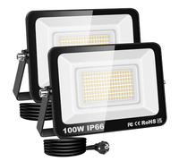 RIGIDON Faretto LED da Esterno con Spina, 2x 100W 10000LM Fari di Sicurezza, Proiettore Led, Faretti lampada Per Giardino Cortile Garage Parete Officina Patio, IP66 Impermeabile 3000K Bianco Caldo