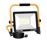 RIGIDON portatile faretto da cantiere a led, 100W 10000lm faretti faro led | con EU spina, staffa pieghevole, faretto lavoro, per cantiere, officina, garage, industriale, giardino esterno, 6000K bianco