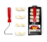 RIGO Kit Rulli Pittura e Vernice Piccoli Anti-goccia Anti-gocciolamento Riutilizzabili da 11 cm con 4 Ricambi e Vassoio - Rullo Perfetto per Pareti e Soffitti