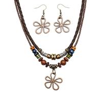 RIIRCSGE 3 Pcs Multi strato perline di legno collana con fiori cavi orecchini, Boho Hippie collana per le donne, Accessori creativi e minimalisti, Vintage gioielli estivi regalo per donne uomini
