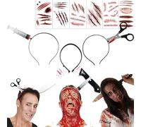 Riiriou Halloween Cerchietti Set Spaventosa Halloween Costumi Accessor con Coltello in Testa Fascia per Capelli Siringa Fascia per Capelli Forbici Temporanei Tatuaggi per Halloweens e Cosplay Scena
